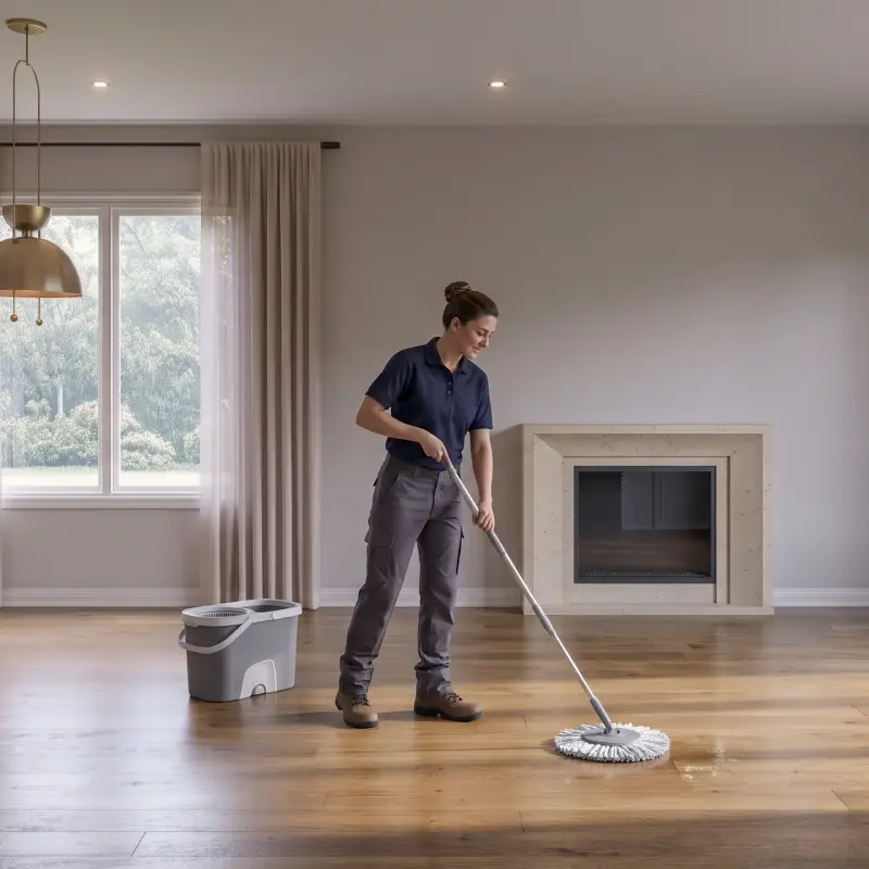 Cleaner mopping the floor of an empty room during a move-out clean in Barrhaven